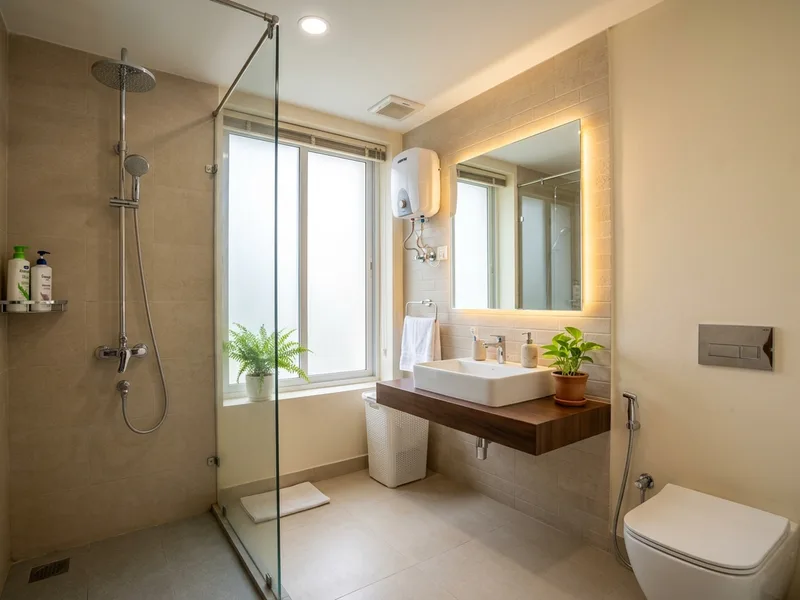 Waterproofed modern bathroom with non-slip floor tiles and sanitary fixtures