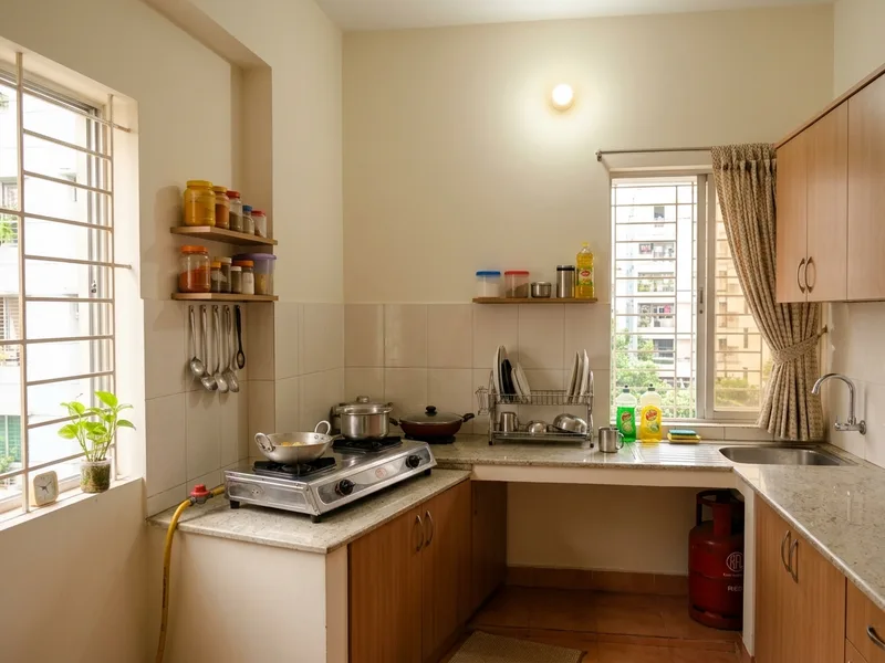 Modern ergonomic kitchen layout with quartz countertops and backsplash tiling