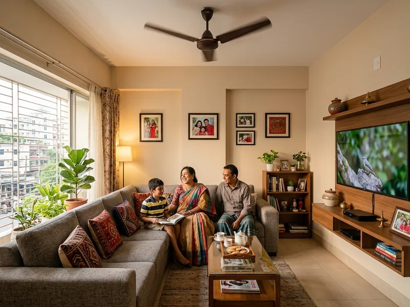 Sunlit Singapore apartment living room with balanced warm neutral wall tones